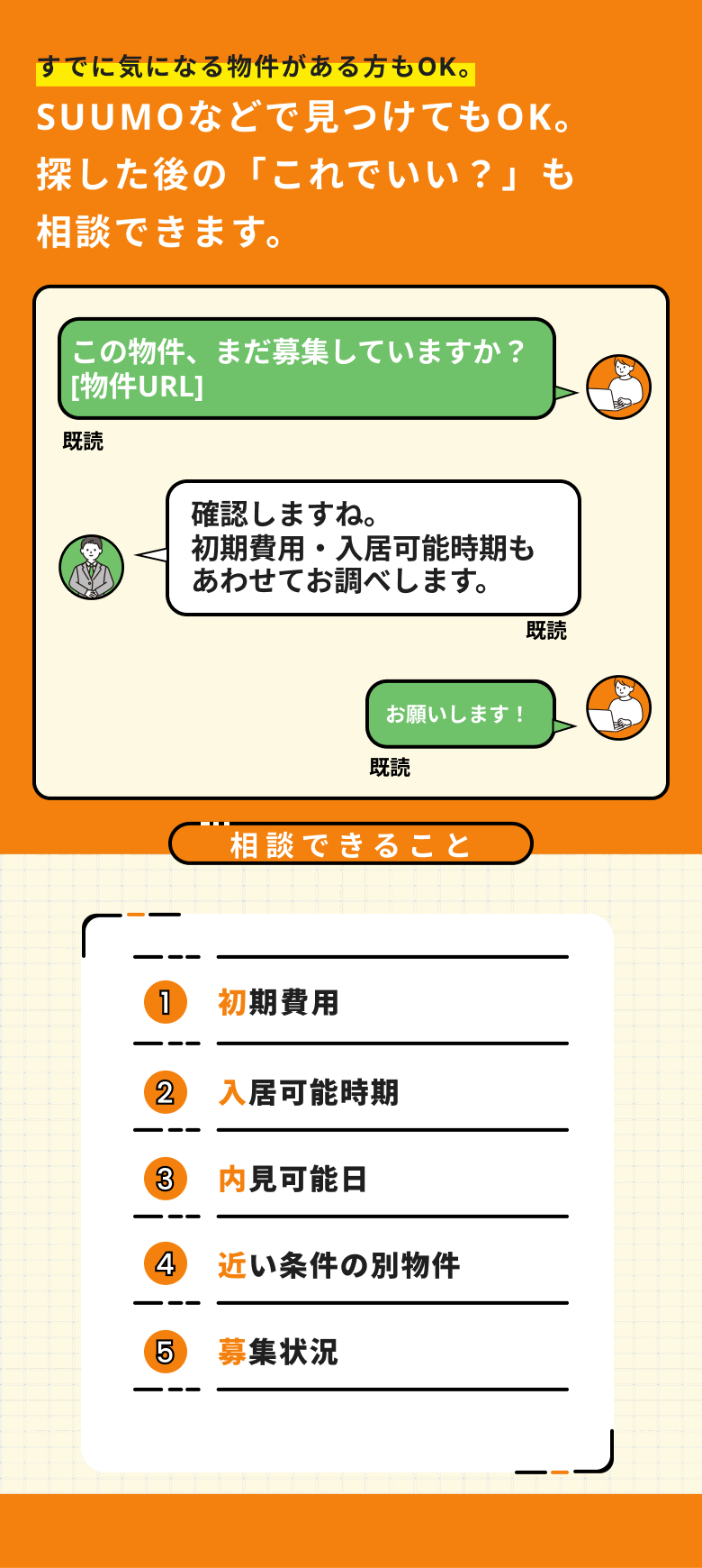 すでに気になる物件がある方もOK。SUUMOなどで見つけても、探した後の「これでいい？」も相談できます